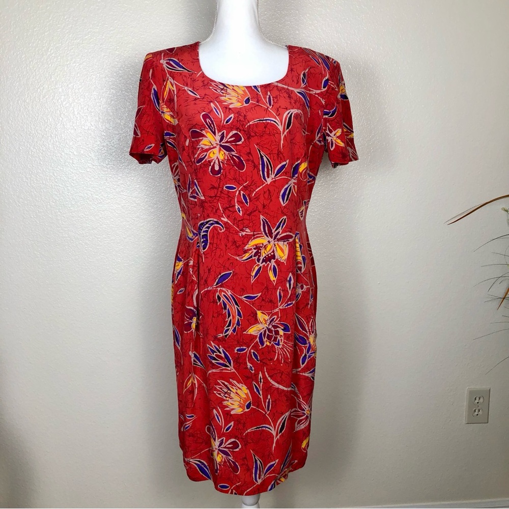Maggy London 100% silk vintage sheath dress shoulder pads tropical Floral